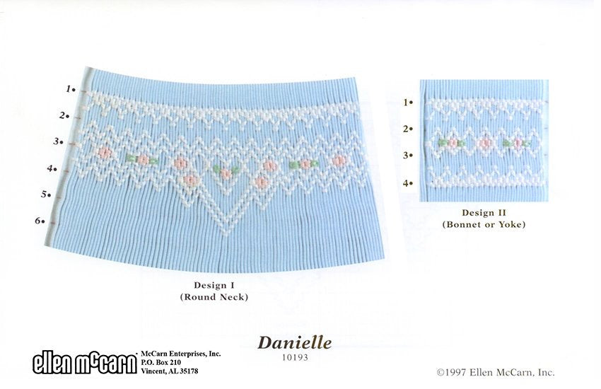 geometric smocking design smocked in white pink and green on blue pleated fabric