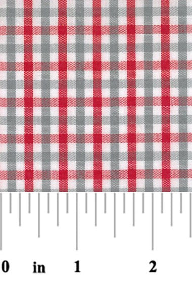 Red, gray, and white checkered fabric with a ruler at the bottom for scale.