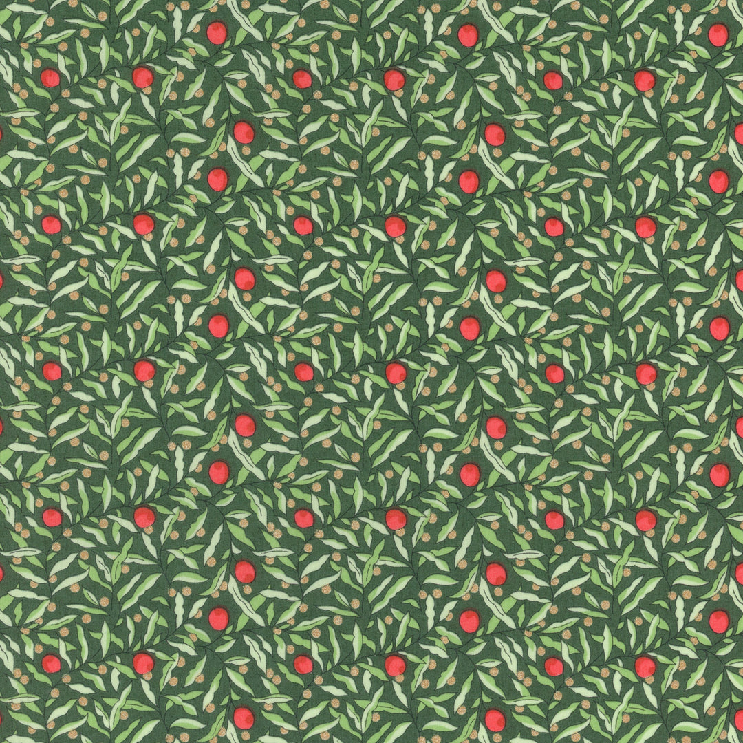 Pattern of red berries and green leaves on a green background