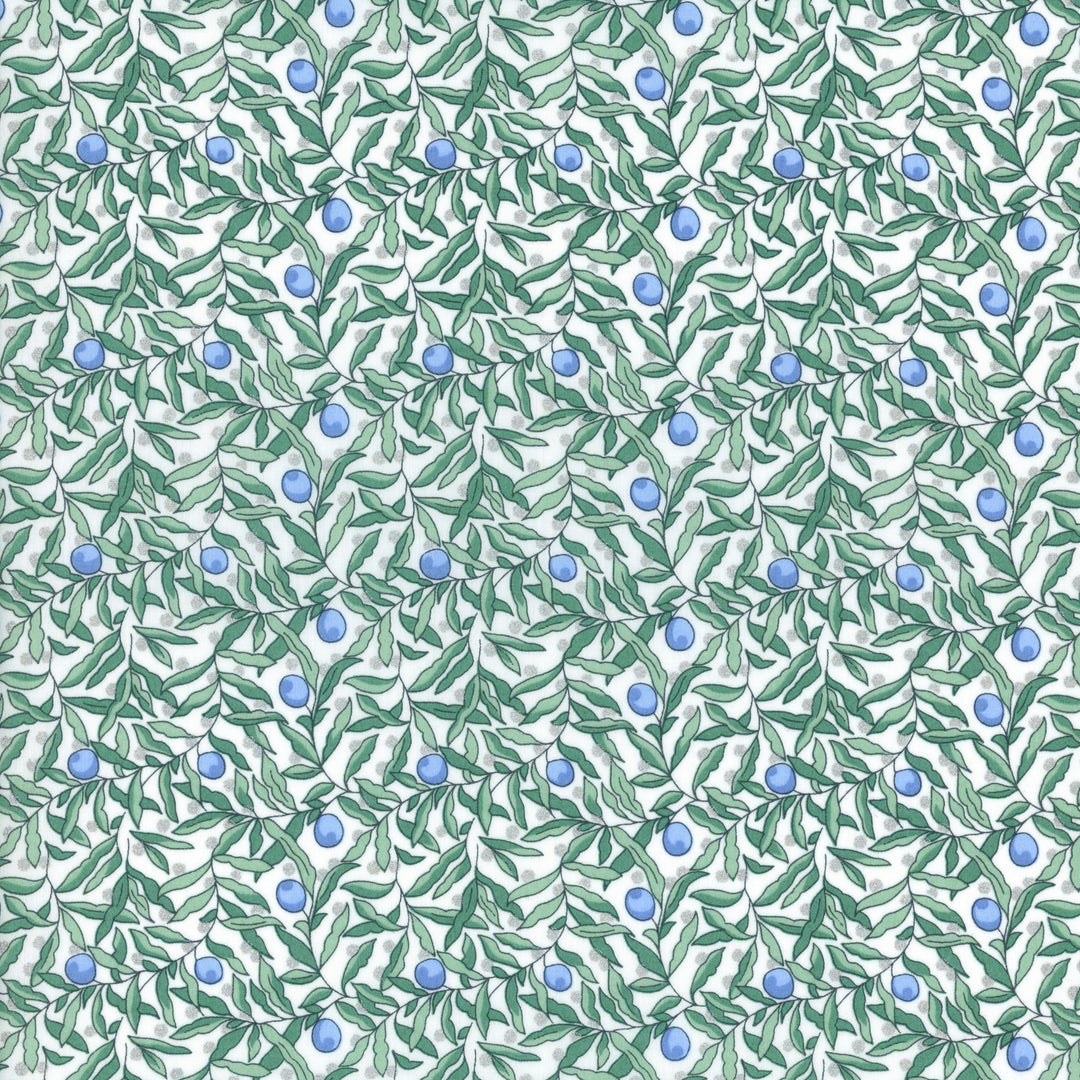 Pattern of green leaves and blue berries on a white background