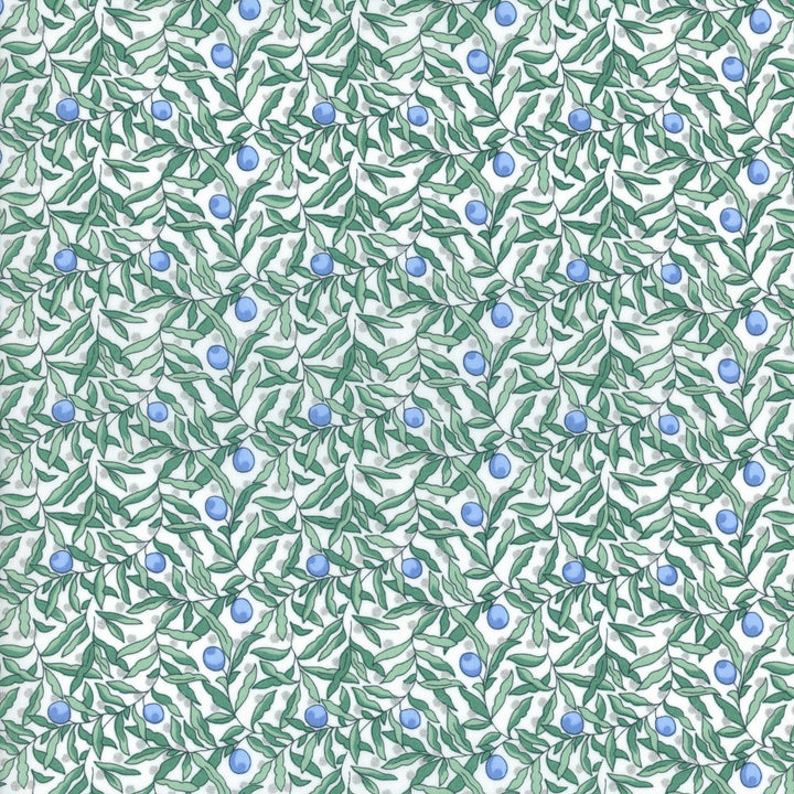 Pattern of green leaves and blue berries on a white background