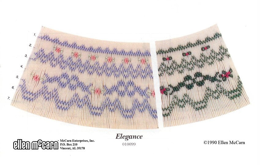 smocking design plate with 2 options.  one in blue pink and green and the other green and Christmas red.  both options are smocked on cream pleated fabric