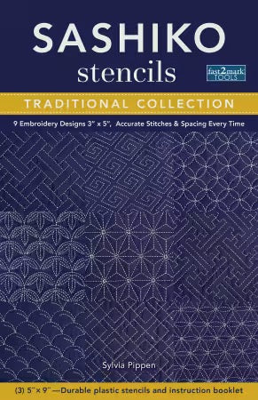 Sashiko stencils book with embroidery patterns on a blue background