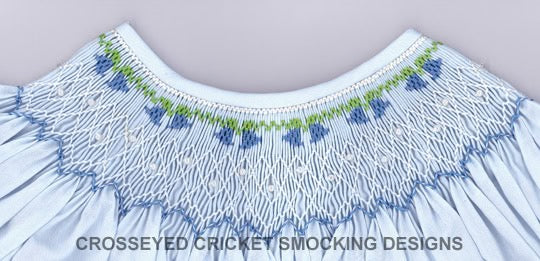 Smocking plate with blue bell flowers designed for a bishop. 5 3/4 rows of smocking on a bishop.