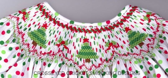 Close-up of a dress with smocked neckline and polka dot pattern on a gray background.