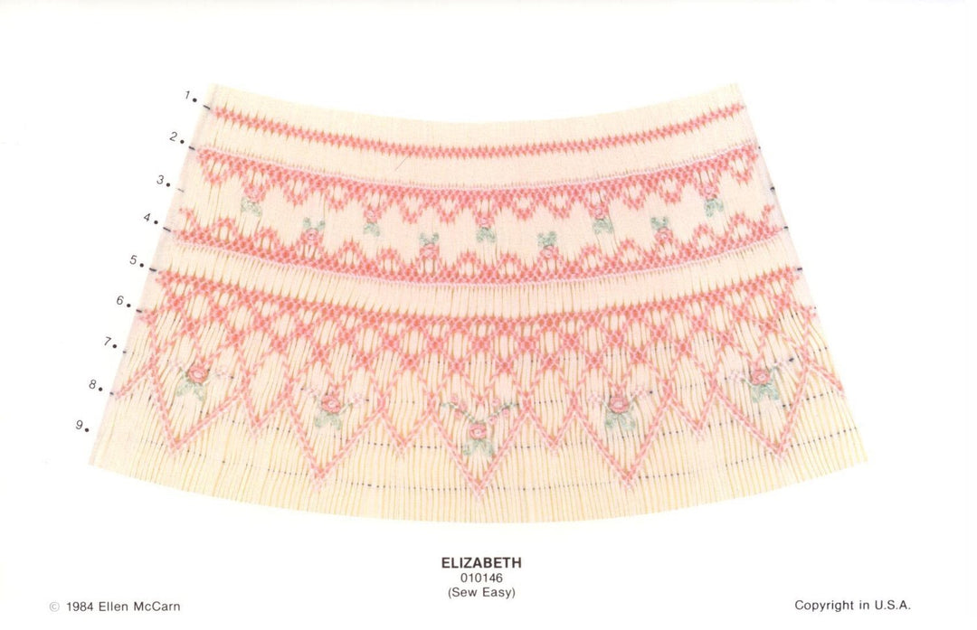 geometric smocking plate smocked in peach and green on cream pleated fabric