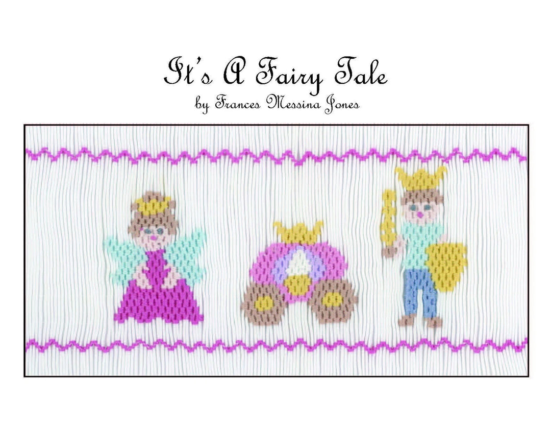 A smocking plate featuring a fairytale theme with a princess in a purple dress, a prince in a blue outfit, and a small pink and yellow carriage.