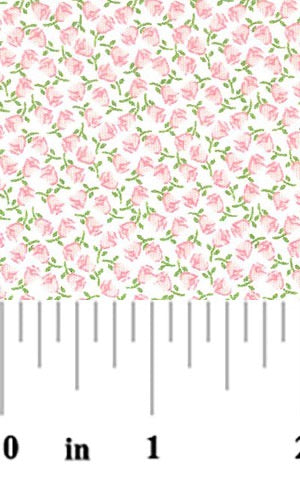Floral pattern with pink flowers on a white background, measured with a ruler.