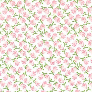 Pattern of pink flowers with green stems on a white background