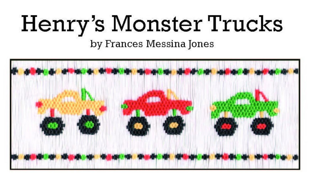 Smocking plate titled 'Henry's Monster Trucks' by Frances Messina Jones, featuring three colorful smocked monster trucks in yellow, red, and green on a white background.