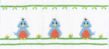 Smocking plate with three robins. 8 rows of smocking on a yoke.