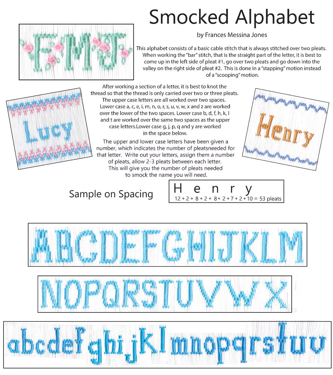 A smocking plate titled 'Smocked Alphabet' with fabric swatches, explanatory text, and sample lettering on a white background.