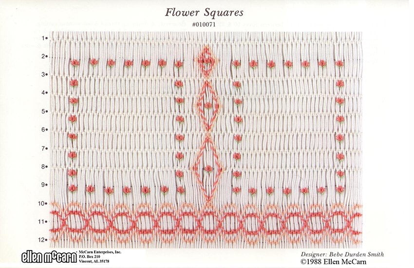 smocking plate with a geometric square design for a yoke smocked in peach and green on white pleated fabric