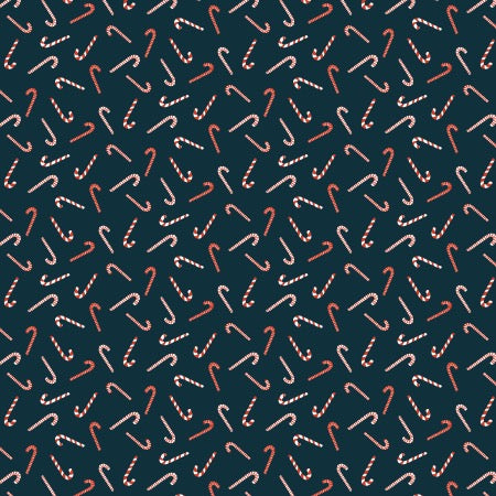 A repeating pattern of red and white candy canes on a dark navy blue background.