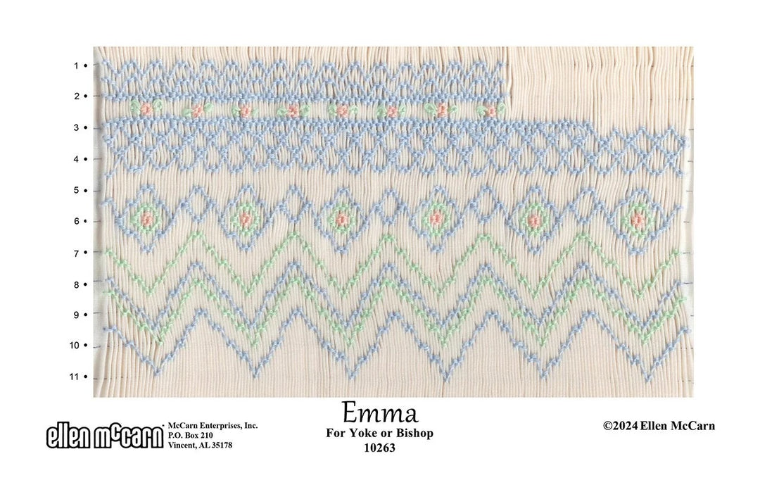Smocking plate with up to 11 rows of smocking on a beige insert.