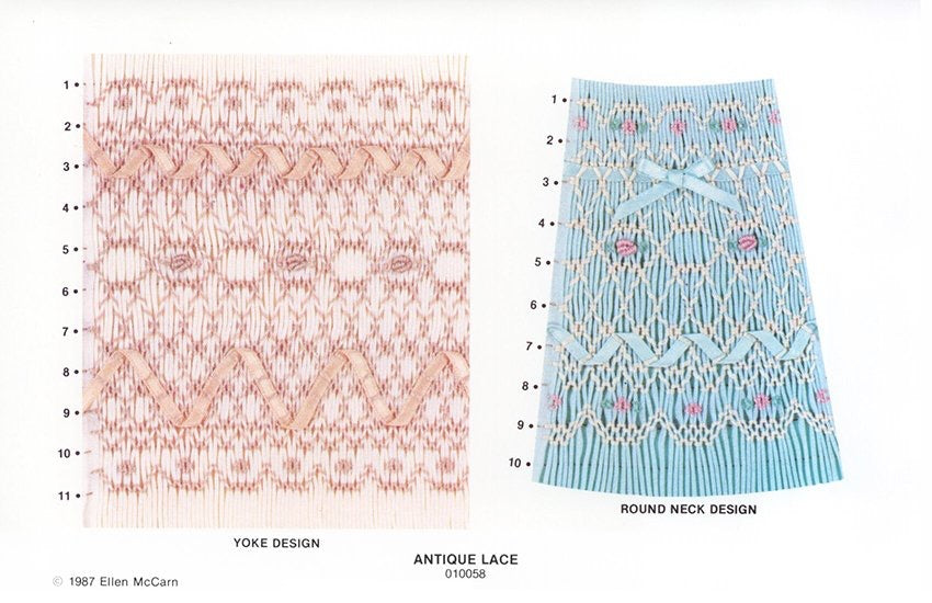 pleated fabric - one light ivory smocked in rose with bullion rosebuds and accented with silk ribbon woven through the smocking. the second fabric is blue smocked in ecru withe pink bullion rosebuds, green leaves and accented with ribbon.