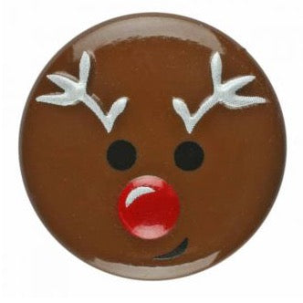 Round button with a reindeer face design on a white background