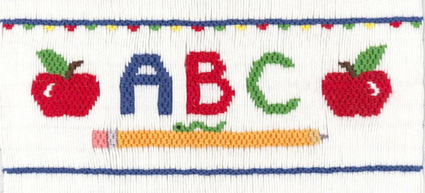Smocking plate with the letters "ABC" with two apples and a pencil. 8 rows of smocking on a yoke.