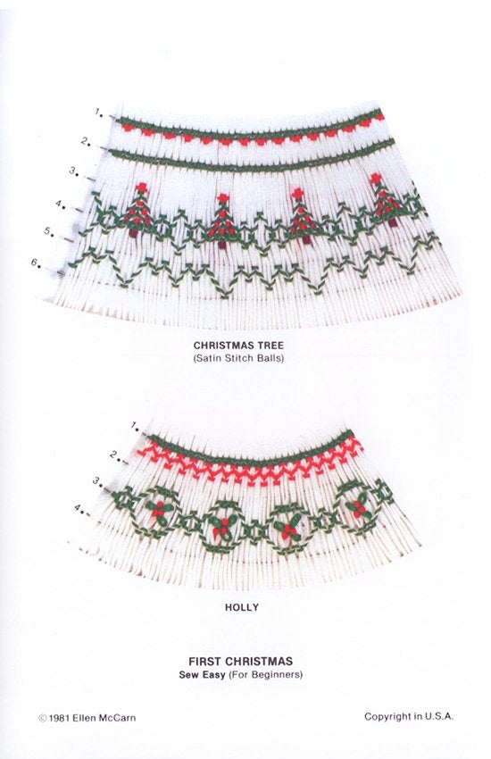 geometric smocking design with a Christmas theme with Christmas trees and holly smocked green and red on white pleated fabric