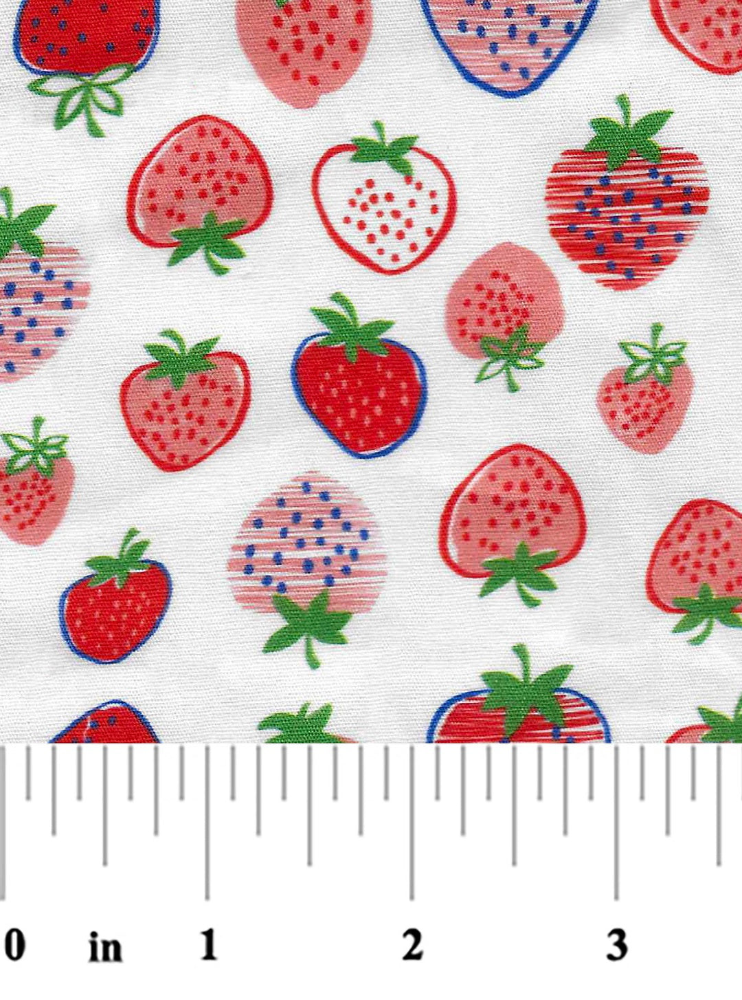 Fabric with strawberry pattern on a white background, measured with a ruler.