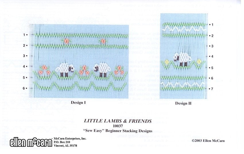 geometric smocking plate smocked in green pink yellow and white with cute little white lambs on blue pleated fabric