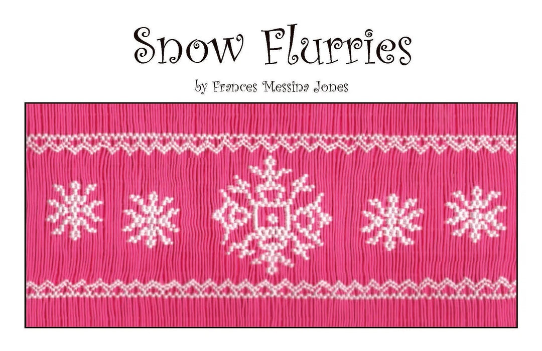 A pink smocked insert with white snowflake and geometric patterns, shown below the title 'Snow Flurries' and the text by Frances Messina Jones.