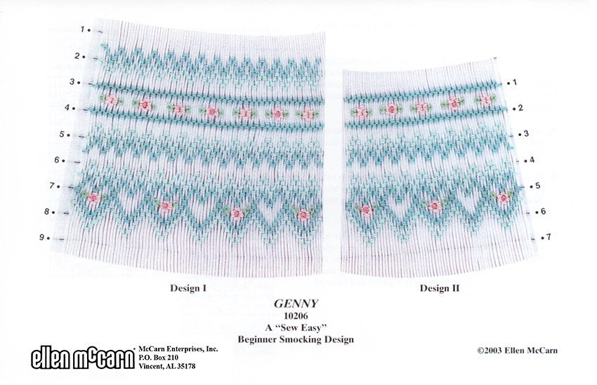 geometric smocking design smocked in blues and pink on white pleated fabric 