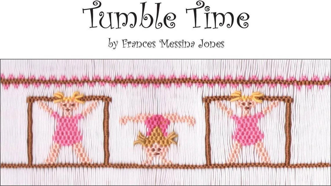Smocking plate with girls doing gymnastics. 6 rows of smocking on a yoke.