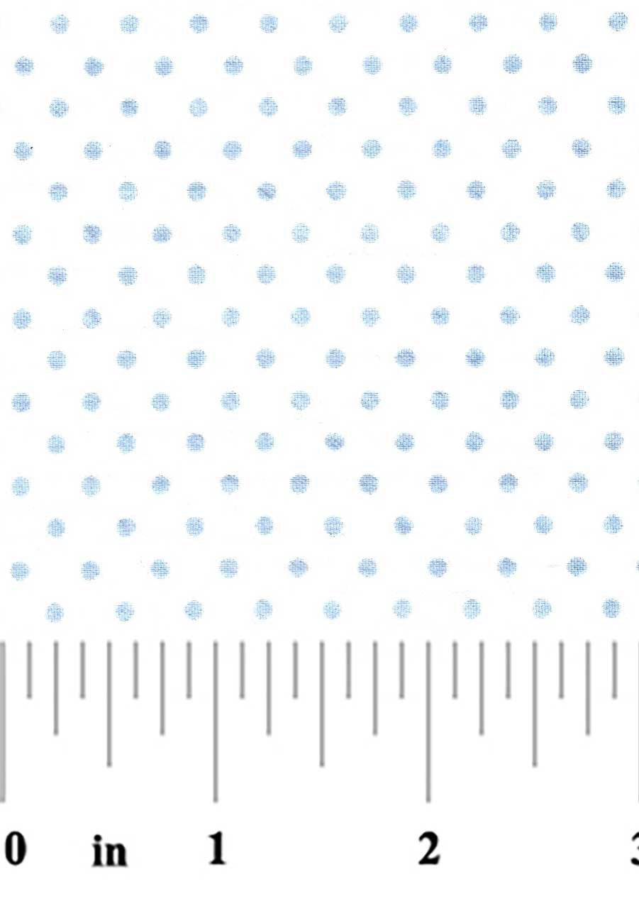 Pattern of small blue polka dots on a white background with a ruler at the bottom.