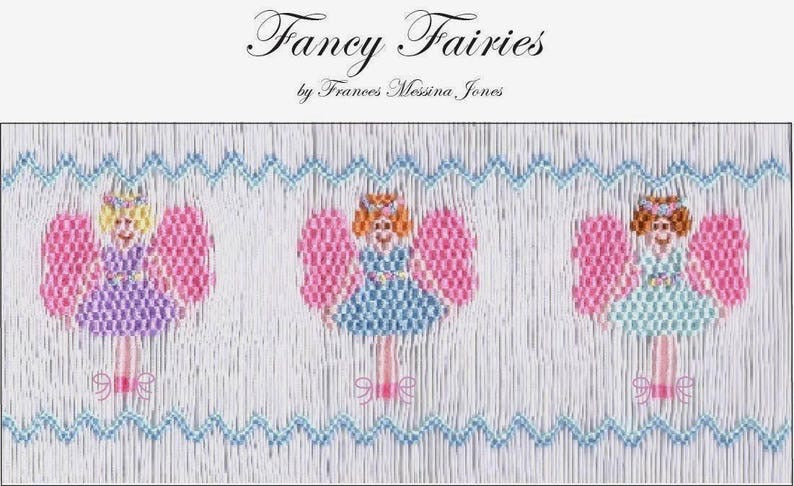 Smocking plate with flying magical fairies. 8 rows of smocking on a yoke.