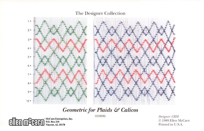 geometric smocking design smocked in green red and blue on white pleated fabric