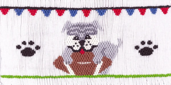 Dog with a football and paw prints on a white background with red, blue, and green accents.