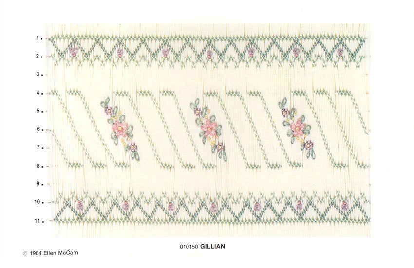 geometric smocking design smocked in greens and pinks with floral accents on cream pleated fabric
