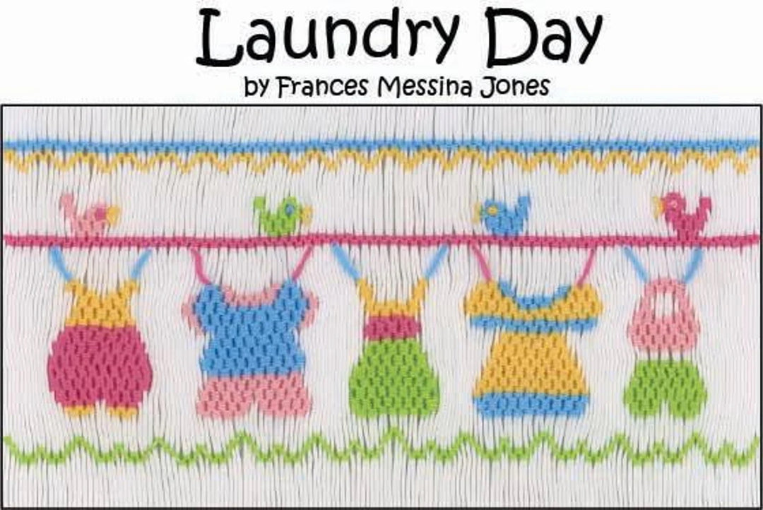 Laundry Day smocking plate by Frances Messina Jones, featuring colorful embroidered clothes hanging on a line on a white background.