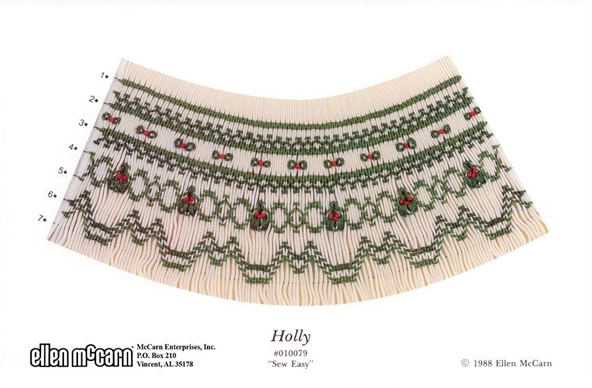 geometric smocking plate smocked in green and red on cream pleated fabric