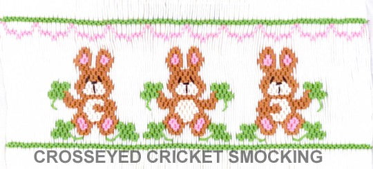 Smocking plate three bunnies playing in clover/shamrock. 8 rows of smocking on a yoke.