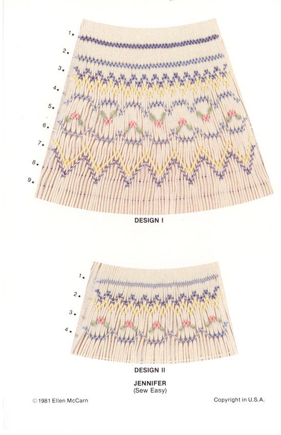 geometric smocking design smocked in blue pink yellow and green on cream pleated fabric