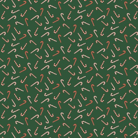 A repeating holiday pattern of red and white candy canes on a dark green background.