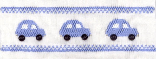 Three blue toy cars on a white background with a blue checkered border