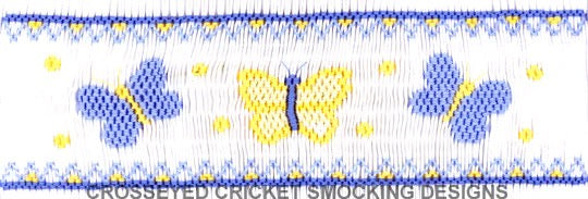 Smocking plate with three butterflies designed for a yoke. 7 rows of smocking on a yoke.