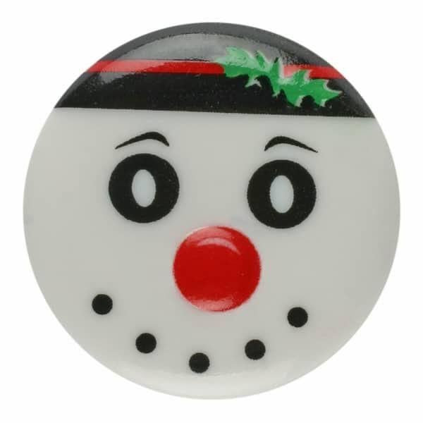 Round button with a snowman face design on a white background