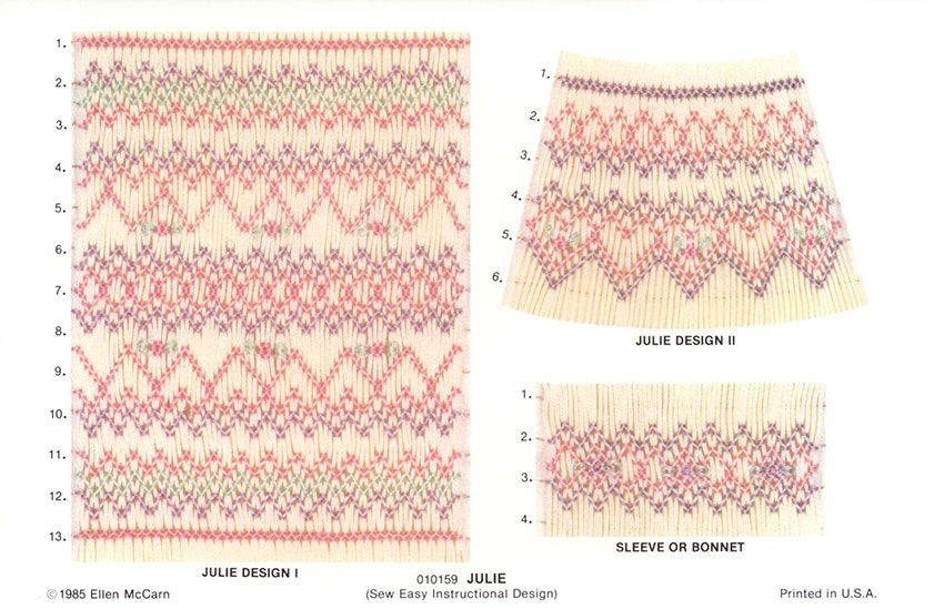geometric smocking plate smocked in rose lavender and green on cream pleated fabric