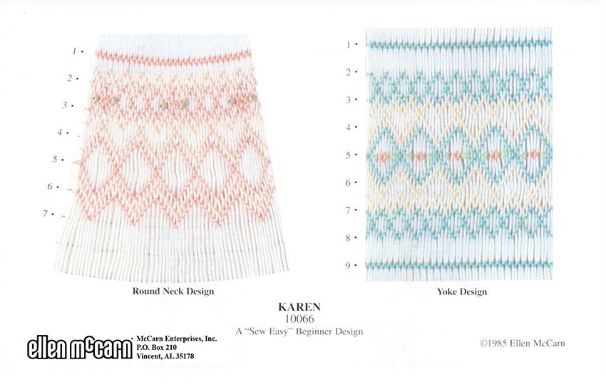geometric smocking design smocked in pinks blue and green on white pleated fabric