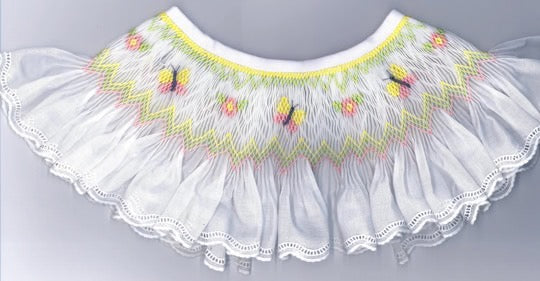 Smocking plate with butterflies, flowers, and a geometric design. 8 rows of smocking on a bishop.