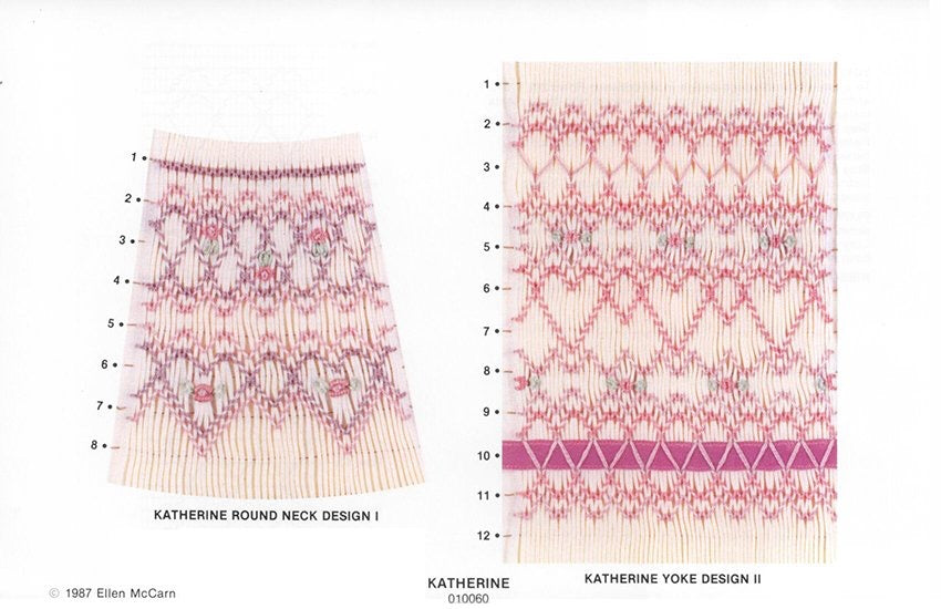 geometric smocking design smocked on pink and green with ribbon accent on cream plated fabric