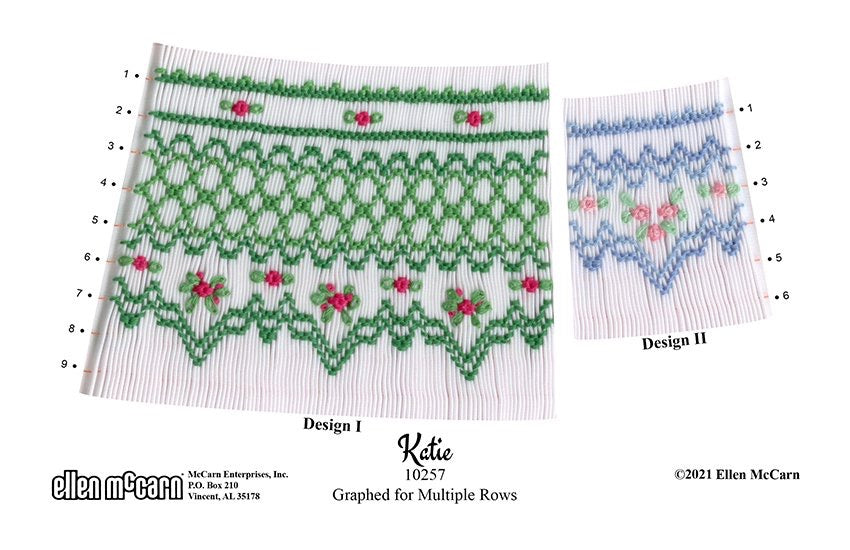 geometric smocking design smocked in green red blue and pink on white pleated fabric