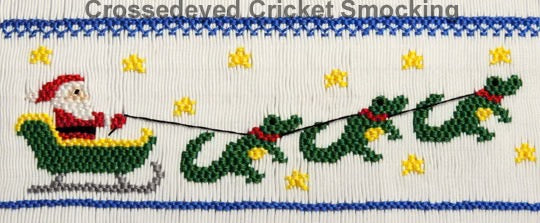 Smocking plate with alligator pulling Santa's sleigh. 8 rows of smocking on a yoke.