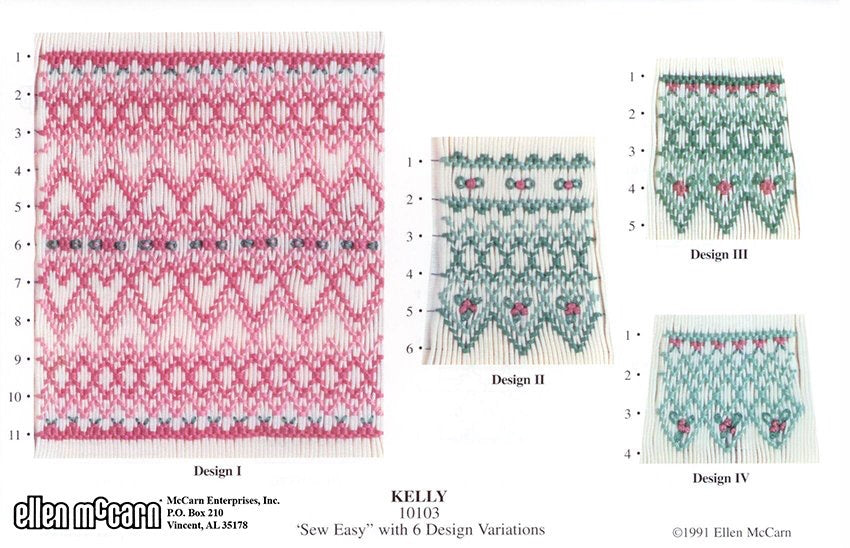 geometric smocking design smocked in pink and green on white pleated fabric