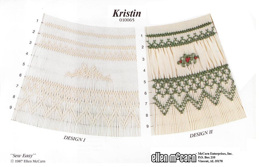 geometric smocking design smocked in cream green and red on cream pleated fabric