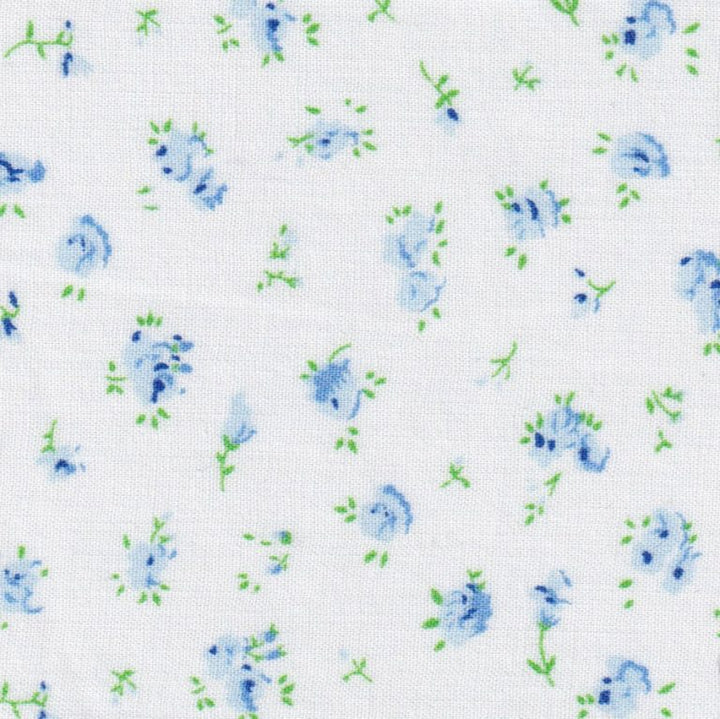 Pattern of blue flowers with green leaves on a white background